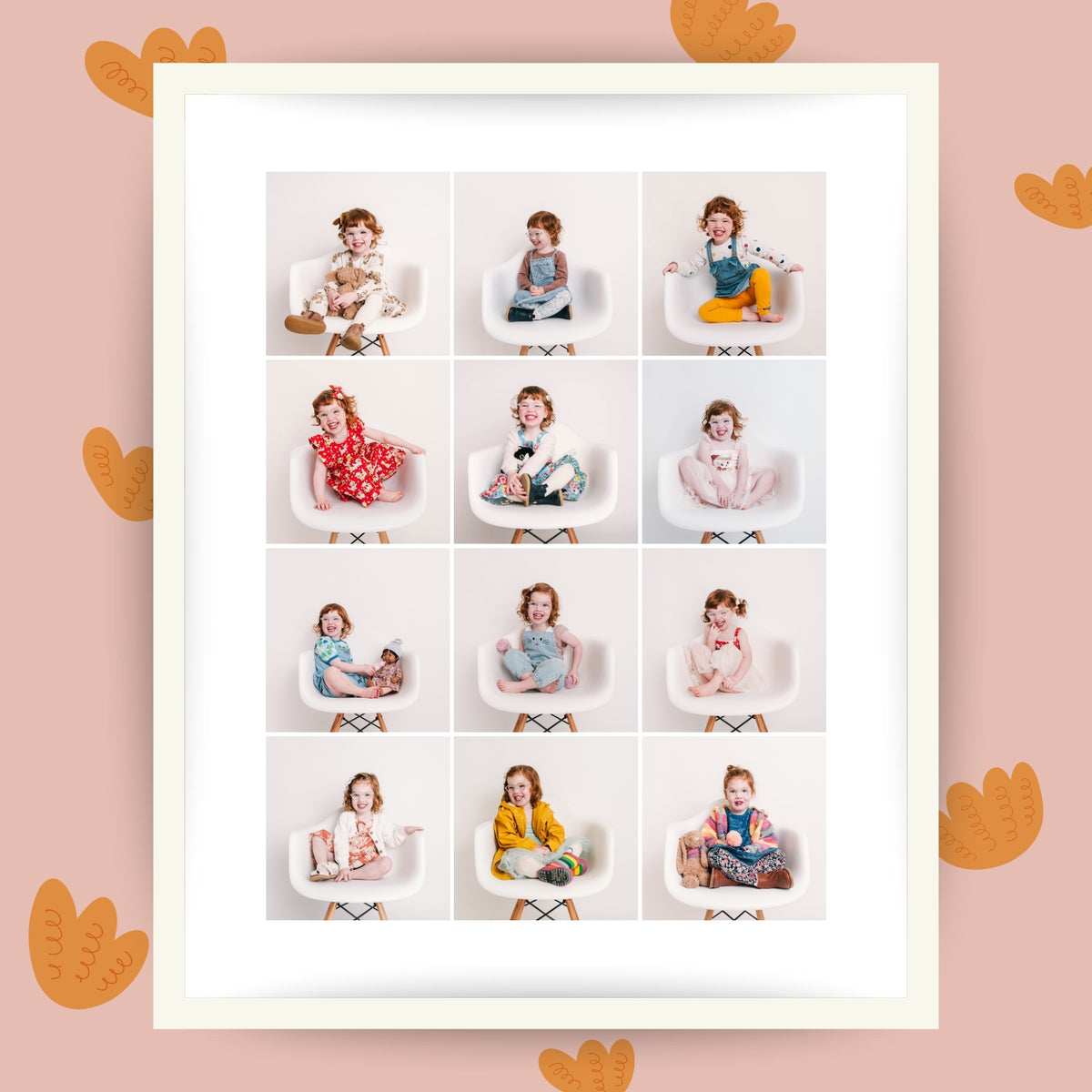 Collage of a child in various poses on a white background with a pink border.
